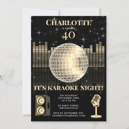 Karaoke Night Black Gold 40th Disco Birthday Party 招待状 (正面)