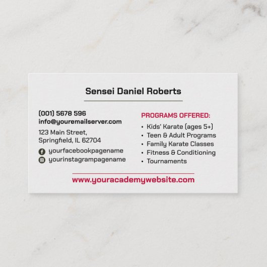 Karate Academy - Rising Sun Kanji 名刺 (裏面)