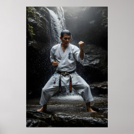 Karate Master Performing Kata Under Waterfall ポスター