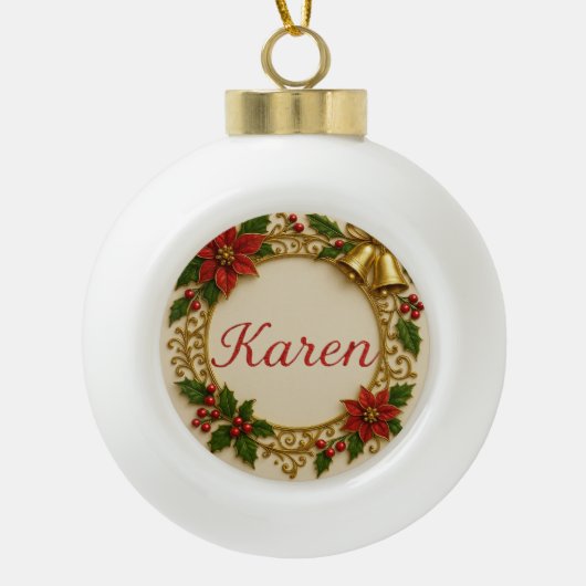 Karen Christmas Ornament – Red & Gold Wreath セラミックボールオーナメント (正面)