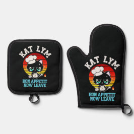 Kat Lym Sarcastic Chef Cat - Bon Appetit Now Leave 鍋つかみ&鍋敷きセット