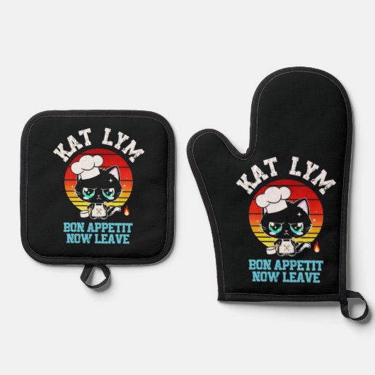 Kat Lym Sarcastic Chef Cat - Bon Appetit Now Leave 鍋つかみ&鍋敷きセット (正面)