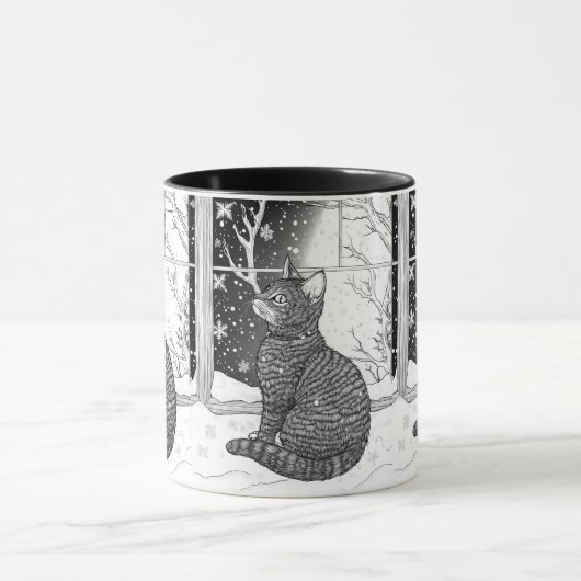 Kätzchen am Fenster Schneeflocken Sternenhimmel マグカップ (中央)