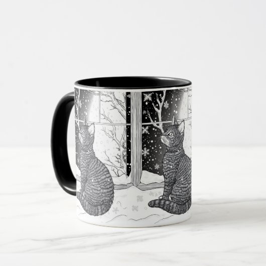 Kätzchen am Fenster Schneeflocken Sternenhimmel マグカップ (正面左)
