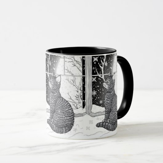 Kätzchen am Fenster Schneeflocken Sternenhimmel マグカップ (正面右)