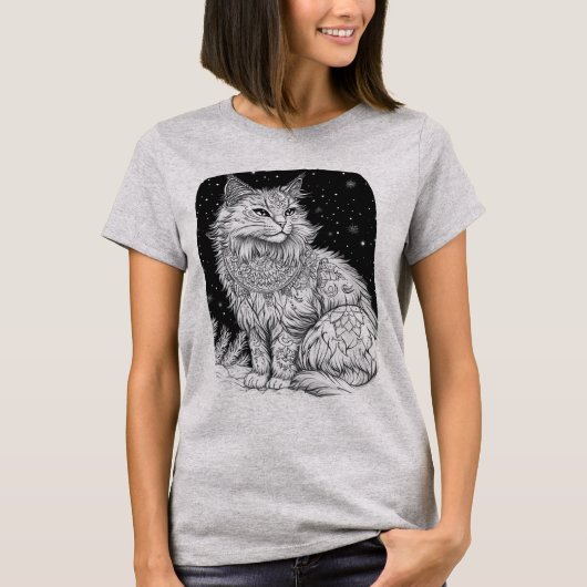 Katze bei Nacht unter magischem Sternenhimmel Tシャツ (正面)