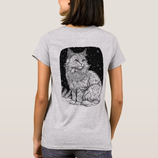 Katze bei Nacht unter magischem Sternenhimmel Tシャツ (裏面)