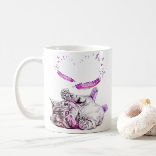 Katze Tasse Herz Feder コーヒーマグカップ (ドーナツ)
