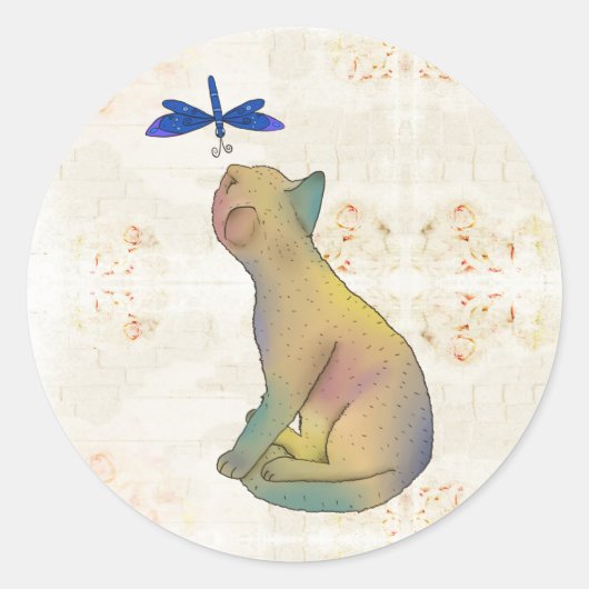 Katze und blaue Libelle Runder Aufkleber ラウンドシール (正面)