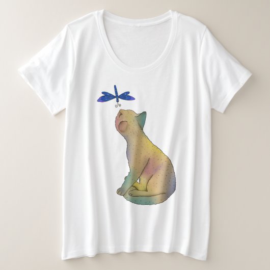 Katze und Libelle プラスサイズTシャツ (デザイン正面)