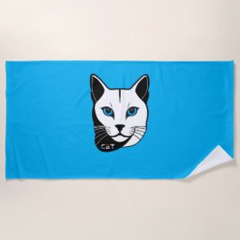Katzen Kopf in Schwarz-Weiß Blaue Augen + Text ビーチタオル