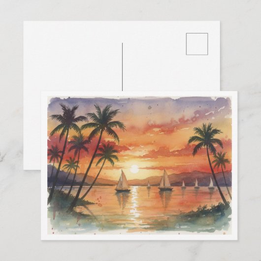 Kauai Beach Sunset watercolor ポストカード (正面/裏面)