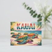 Kauai Beach Turtles Illustration ポストカード (スタンド正面)