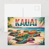 Kauai Beach Turtles Illustration ポストカード (正面/裏面)