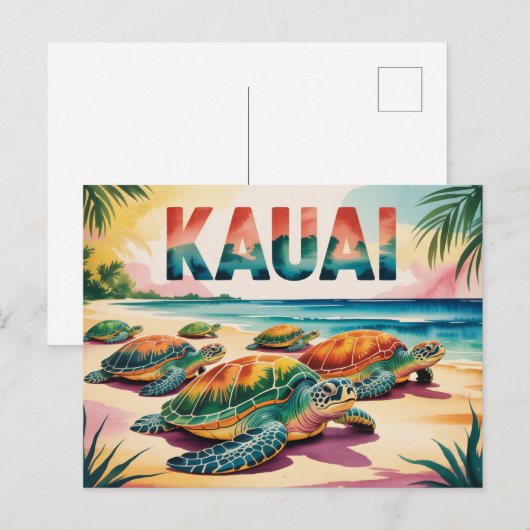 Kauai Beach Turtles Illustration ポストカード (正面/裏面)