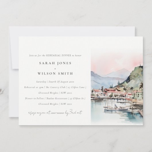 Kauai Hawaii Watercolor Landscape Rehearsal Dinner 招待状 (正面)