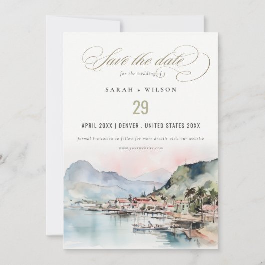 Kauai Hawaii Watercolor Landscape Wedding セーブザデート (正面)