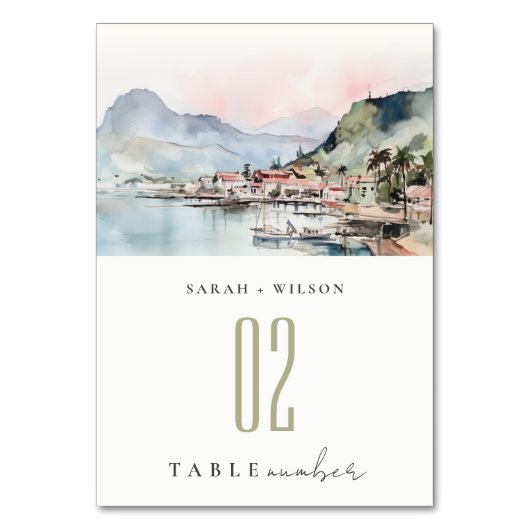 Kauai Hawaii Watercolor Landscape Wedding テーブルナンバー (正面)