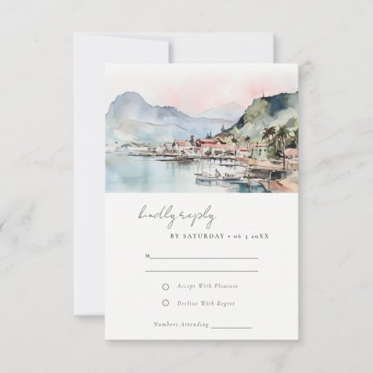 Kauai Hawaii Watercolor Landscape Wedding 出欠カード (正面)