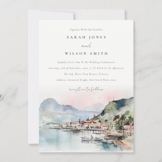 Kauai Hawaii Watercolor Landscape Wedding 招待状 (正面)