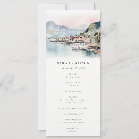 Kauai Hawaii Watercolor Landscape Wedding Program 招待状 (正面)