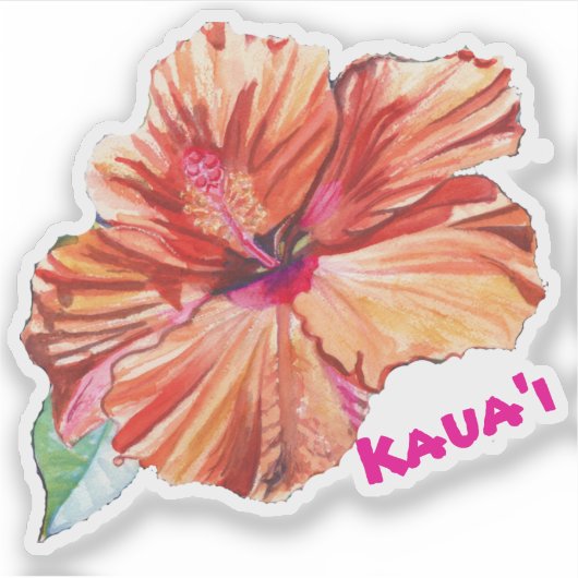 Kauai Hibiscus Watercolor Hawaiian Sticker シール (正面)