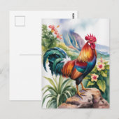 Kauai Rooster watercolor ポストカード (正面/裏面)
