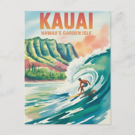 Kauai Surfing watercolor ポストカード (正面)