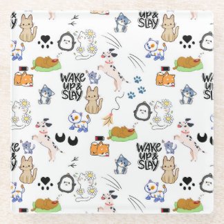 Kawai Pet Lover Cute Seamless Pattern ガラスコースター
