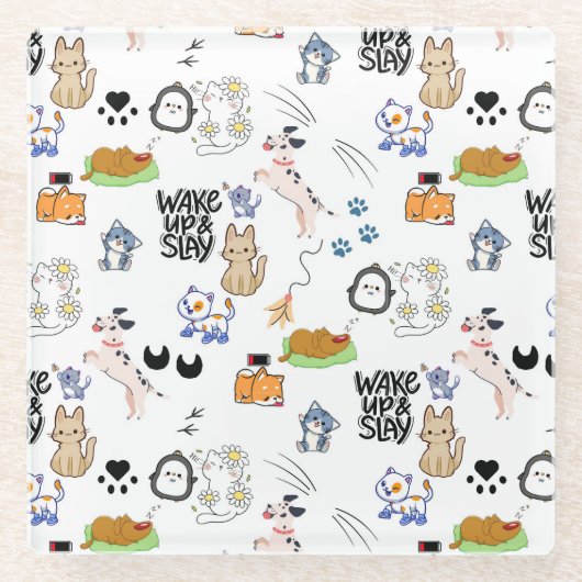 Kawai Pet Lover Cute Seamless Pattern ガラスコースター (正面)