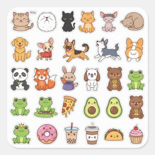 Kawaii Animals & Food Lover's Sticker Set スクエアシール (正面)