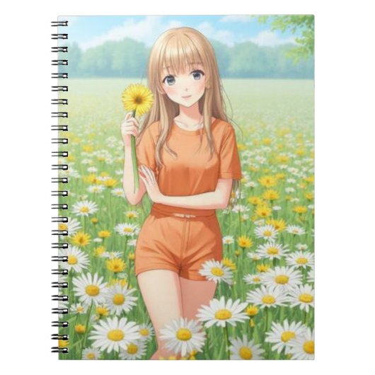 Kawaii Anime Girl in Daisy Garden ノートブック (正面)