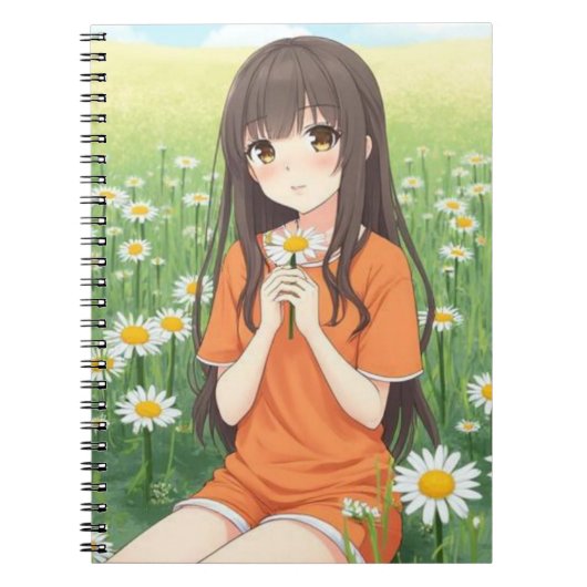 Kawaii Anime Girl in Daisy Garden ノートブック (正面)