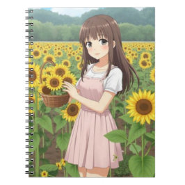 Kawaii Anime Girl in Sunflower Garden ノートブック