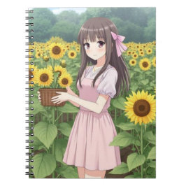 Kawaii Anime Girl in Sunflower Garden ノートブック