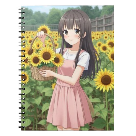 Kawaii Anime Girl in Sunflower Garden ノートブック (正面)