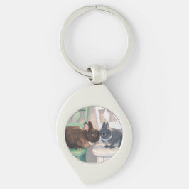 Kawaii Anime Two Bunnies Silver Metal Keychain キーホルダー