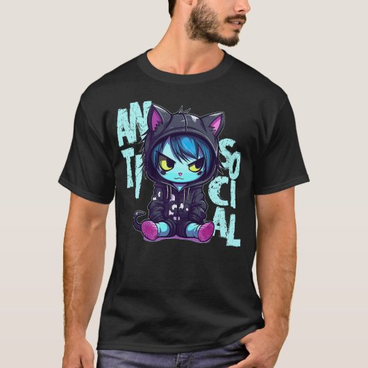 Kawaii Antisocial Emo Cat Pastel Goth Menhera Anim Tシャツ (正面)