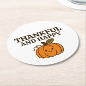 Kawaii Autumn Pumpkin Thankful Happy Thanksgiving ラウンドペーパーコースター (アングル)