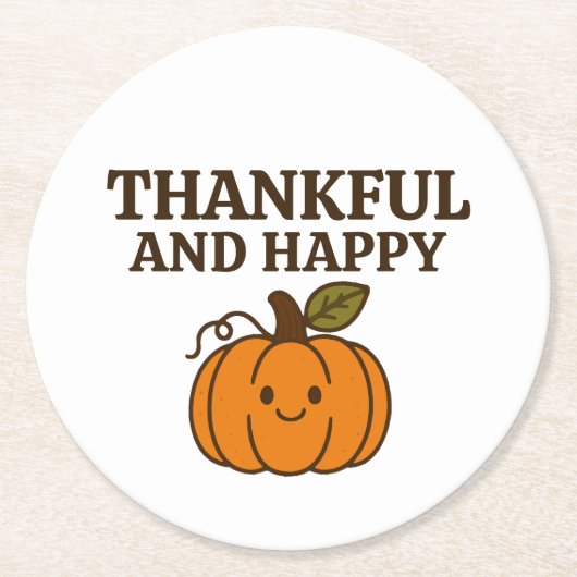 Kawaii Autumn Pumpkin Thankful Happy Thanksgiving ラウンドペーパーコースター (正面)
