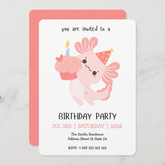 Kawaii Axolotl Birthday Party Invitation 招待状 (正面/裏面)