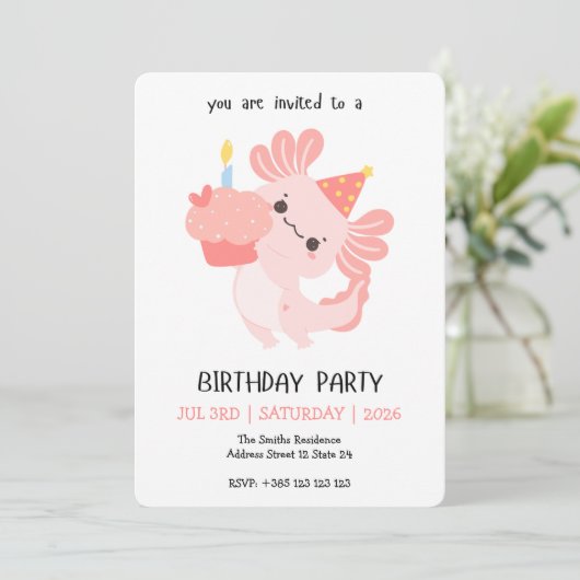 Kawaii Axolotl Birthday Party Invitation 招待状 (スタンド正面)