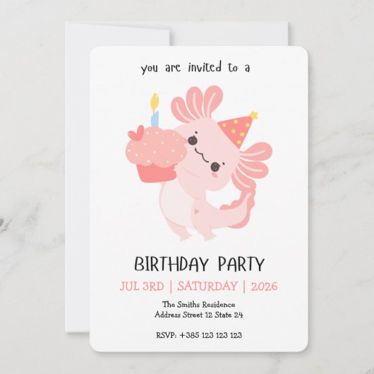 Kawaii Axolotl Birthday Party Invitation 招待状 (正面)