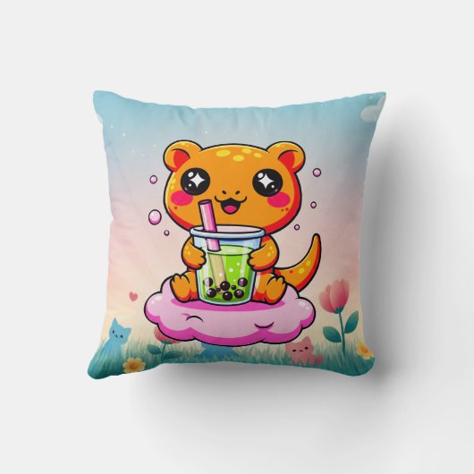 Kawaii Axolotl Drinking Pink Boba Tea Cute Pillow クッション (裏面)