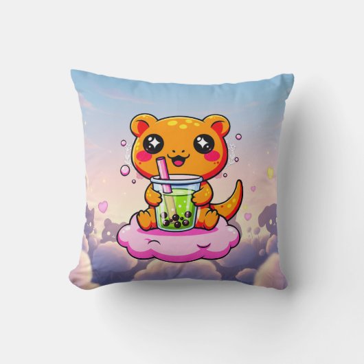 Kawaii Axolotl Drinking Pink Boba Tea Cute Pillow クッション (正面)