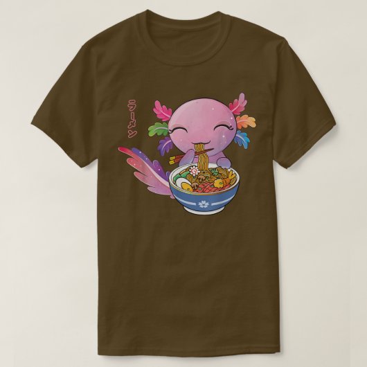 Kawaii Axolotl Eating Ramen Japanese Noodles Anime Tシャツ (デザイン正面)
