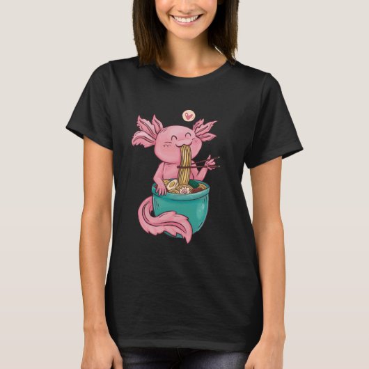 Kawaii Axolotl Eating Ramen Noodles Anime For Girl Tシャツ (正面)