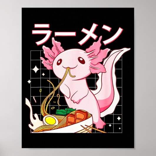 Kawaii Axolotl Eating Ramen Noodles Anime Girls Te ポスター (正面)