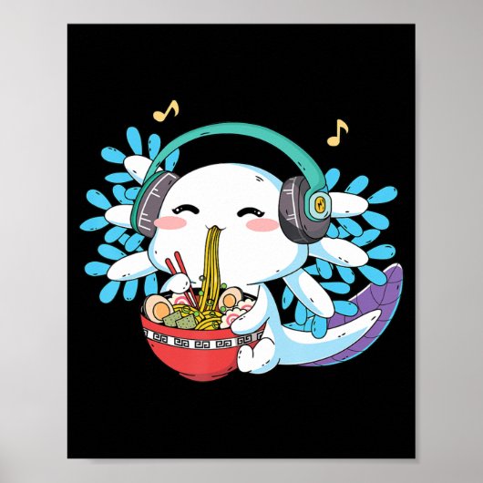 Kawaii Axolotl Eating Ramen Noodles Anime Kids Boy ポスター (正面)