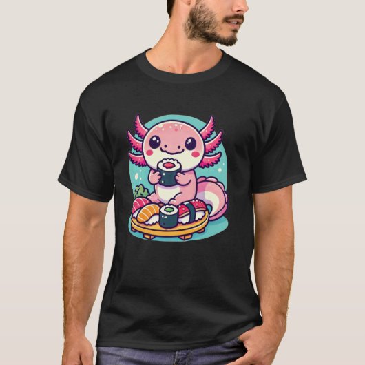 Kawaii Axolotl Eating Sushi Tシャツ (正面)
